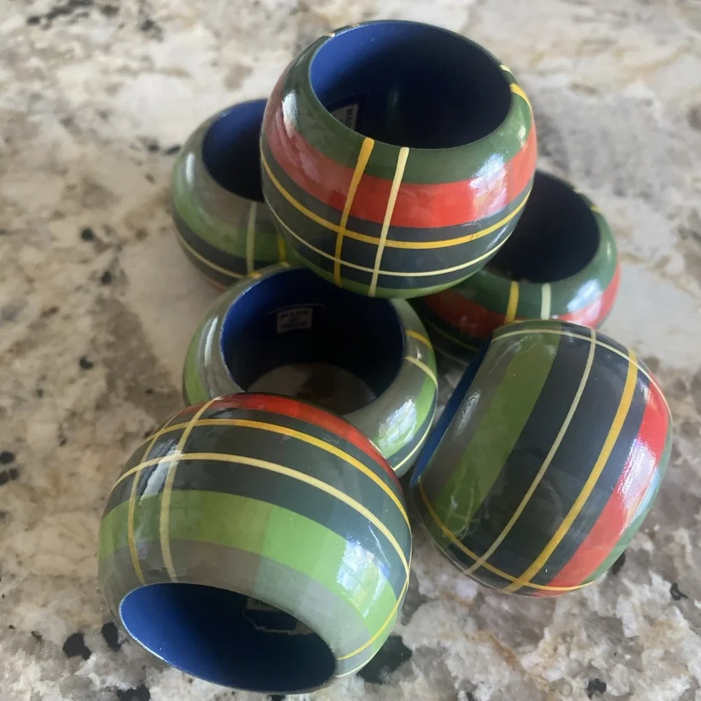 Set‎ of 6 Green Tartain Plaid Napkin Rings Made in India Christmas Cabin